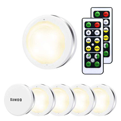 Bawoo – Luz Nocturna LED Luz de Noche Luz de Armario Inalámbrica LED Bawoo 6PCS Lámpara de Cocina LED 5 Perlas Lámpara Adhesiva Inalámbrica Batería Blanca Cálida con 2 Control Remoto Vitrina Armario Pasillo