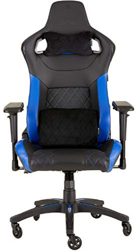 Corsair T1 Race – Silla de Oficina, para Videojuegos, Polipiel, fácil de ensamblar, giratoria ergonómica, Altura Ajustable y reposabrazos 4D, Asiento cómodo y reclinable, Negro y Azul