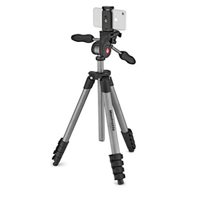 Manfrotto MKSCOMPACTADVBK – Trípode Compact Advanced Smart con Cabezal de 3 vías y Abrazadera para Smartphone para iPhone, Samsung, Huawei, LG, Google Smartphones, DSLR, CSC Mirrorless, Aluminio