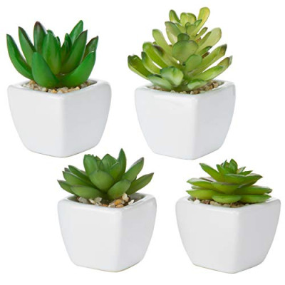 MyGift – Set de 4 sintética Decorativa de plástico Mini Artificial de Flores/Plantas con macetas de Maceta de cerámica Color Blanco