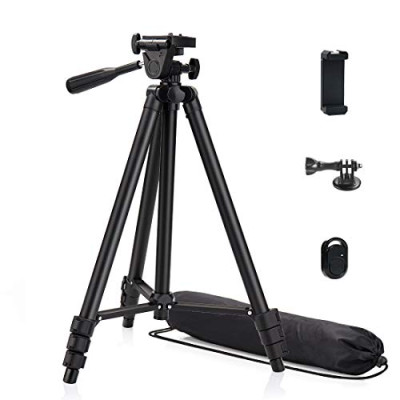 Phinistec 125cm Aluminio Trípode para Móvil – Cámara, iPhone, Smartphone, Proyector, Webcam, Gopro con Soporte de Telefono y Adaptador Gopro y Control Remoto Bluetooth (Negro Mate)